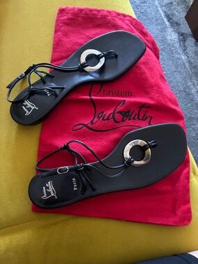 Christian Louboutin Black Leather Ring-Detail Thong Sandals size 38.5 no box